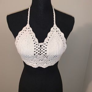 Crochet off white halter top with adjustable ties